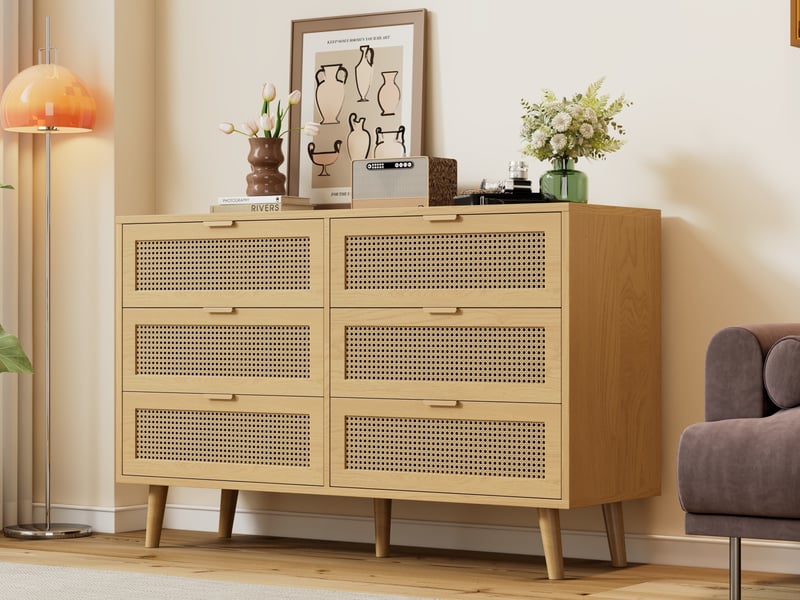  Commode à 6 tiroirs, 120 × 76,5 × 40 cm, avec poignées en métal, meuble de rangement pour chambre, couleur chêne  - Conforama B