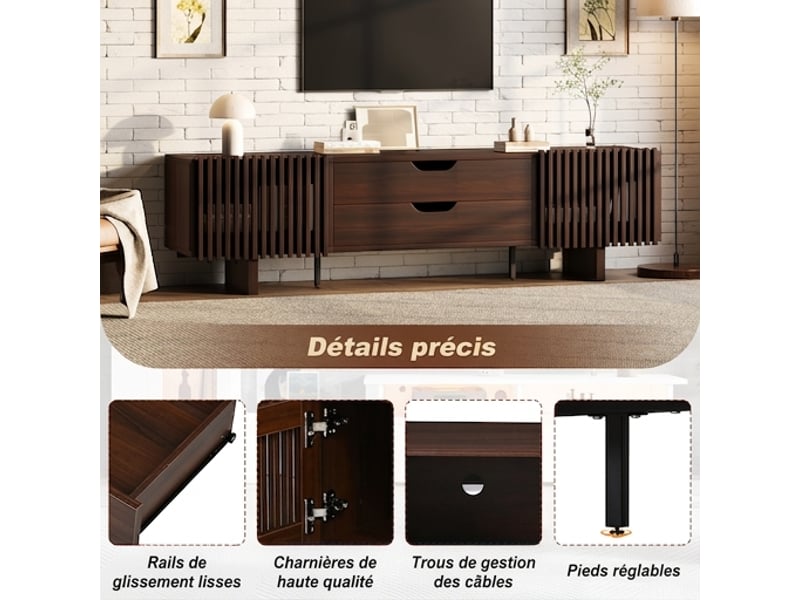  Meuble tv noyer 180 cm pour écran 75 pouces avec 2 tiroirs et portes persiennes  - Conforama R