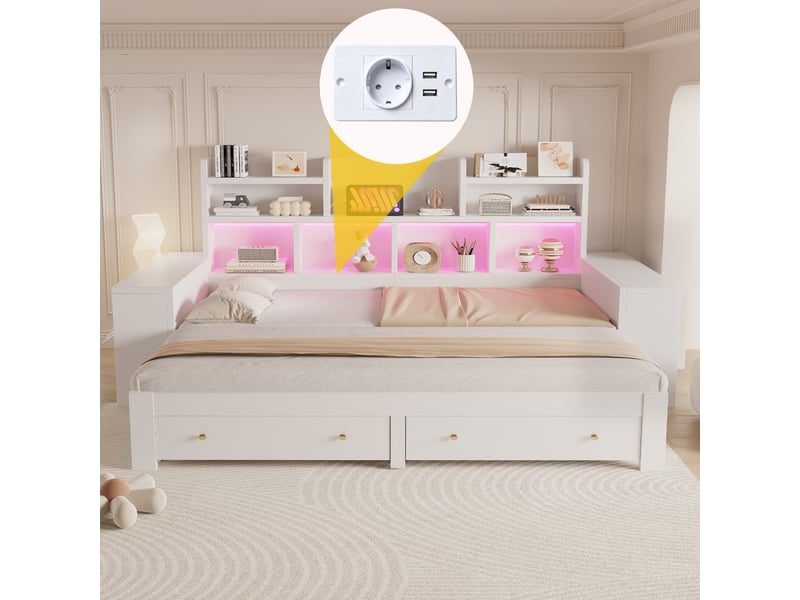 Canapé-lit convertible 90/180x200 cm, rangements multiples, led et prise, blanc, sans matelas  - Conforama E