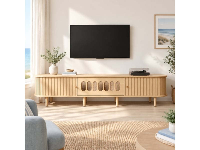  Meuble tv avec 1 porte abattante, 2 portes à rideau et 5 rangements fermés pour salon en mdf 180×40×40 cm naturel  - Conforama B