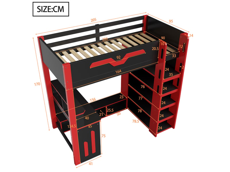 Lit mezzanine enfant 90x200 cm avec bureau, rangements, led et escalier noir rouge - Conforama C