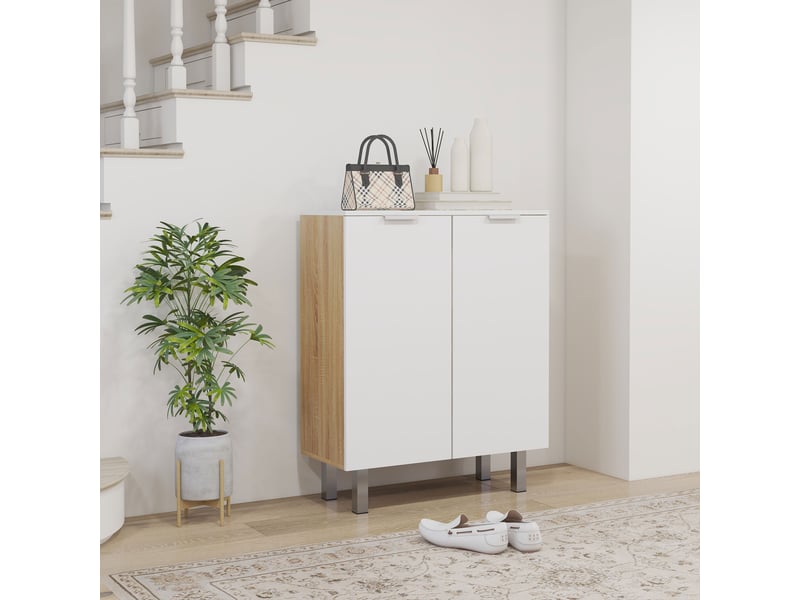  Étagère à chaussures moderne pour 15 à 20 paires de chaussures, 5 étagères et fermeture douce, blanc brillant  - Conforama B