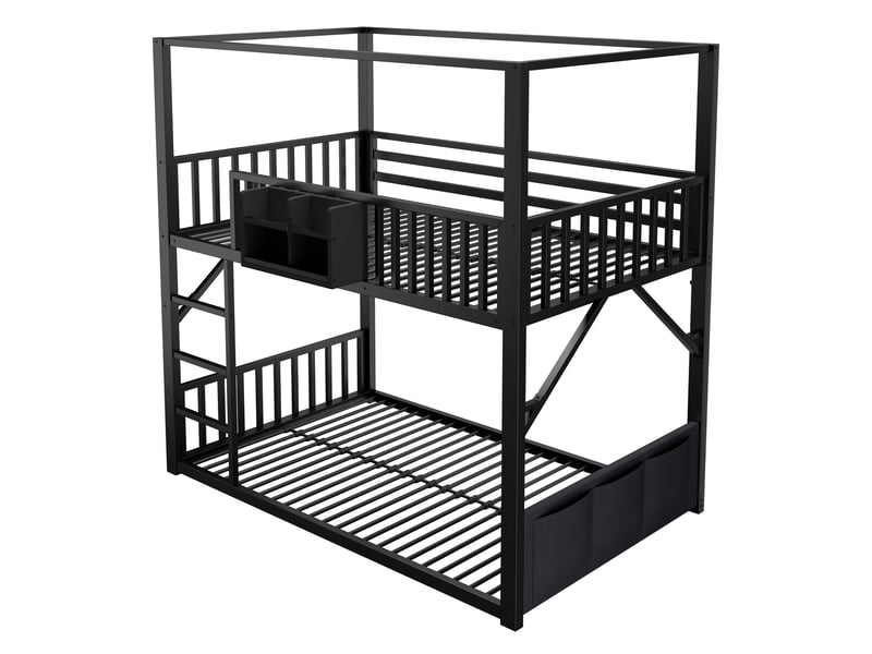  Lit superposé enfant 90x200 cm - 2 couchages - structure métal avec toit - barrière de sécurité - rangement - noir  - Conforama R
