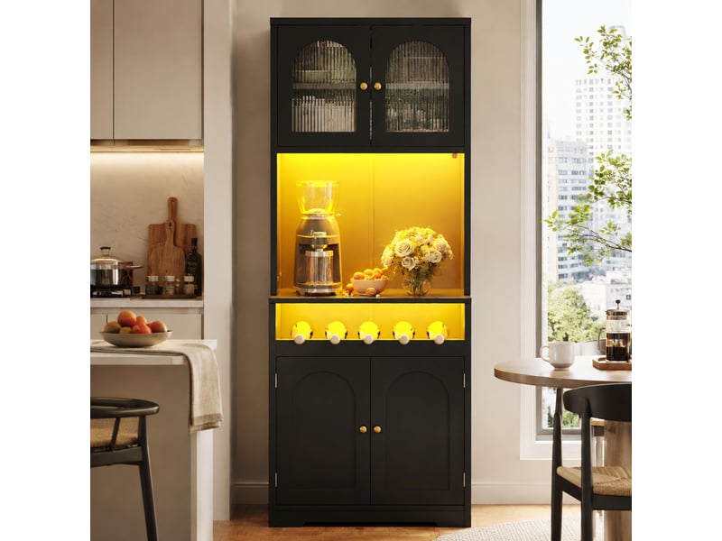 Buffet de cuisine led avec 4 portes dont 2 vitrées, porte-bouteilles et étagères réglables, noir, 70 × 38,3 × 180 cm - Conforama B