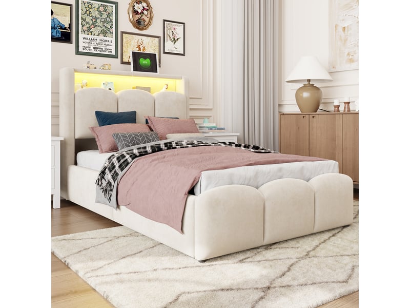 Lit enfant 90 × 200 cm avec rangement, led, usb et type-c, sans matelas, en velours, beige - Conforama B