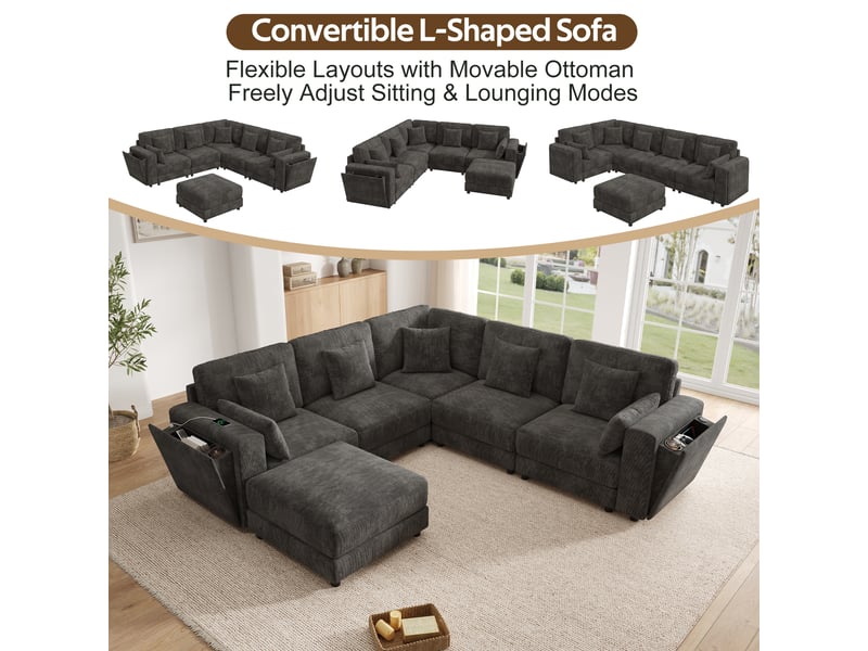Canapé modulable 6 places en tissu chenille gris, configurable en l ou en u, usbtype-c, 7 coussins - Conforama D