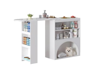Table extensible avec 2 étagères et espace pour animal, plateau pivotant pour cuisine, blanc, 120(+80) × 40 × 100 cm