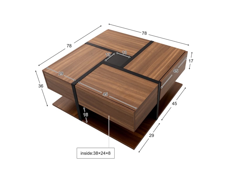 Table basse 78x78x36 cm avec 4 tiroirs et étagère basse, plateau carré à lignes contrastées, panneaux de particules, bois et noir ABC - Conforama C