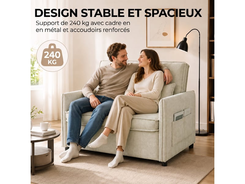  Canapé convertible 2 places, canapé-lit 3 en 1 chenille 125 cm avec dossier réglable, 2 oreillers, assise large, crème  - Conforama R