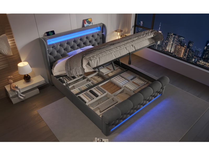  Lit coffre 140x200 cm avec rangement et ports usb type-c - led intégrée - velours gris - matelas inclus  - Conforama D