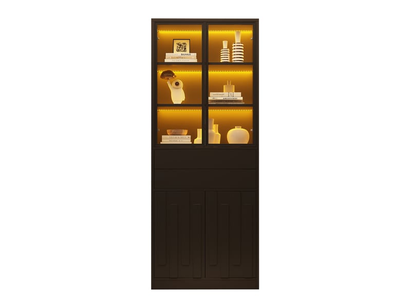  Buffet haut 70x37x180 cm, éclairage led, en panneaux de particules avec 2 tiroirs, style contemporain, coloris noir  - Conforama A