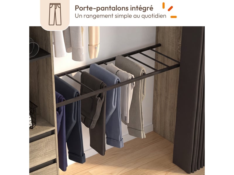  Dressing extensible d'angle marlon 220 x 220 x 180 cm hêtre avec penderies + porte pantalon + étagères + tiroirs + rideaux noirs  - Conforama E