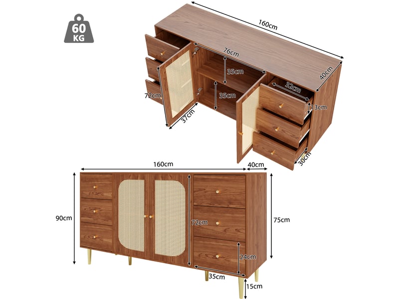  Buffet bas 160 cm marron bois en mdf avec 6 tiroirs et 2 portes en rotin  - Conforama E