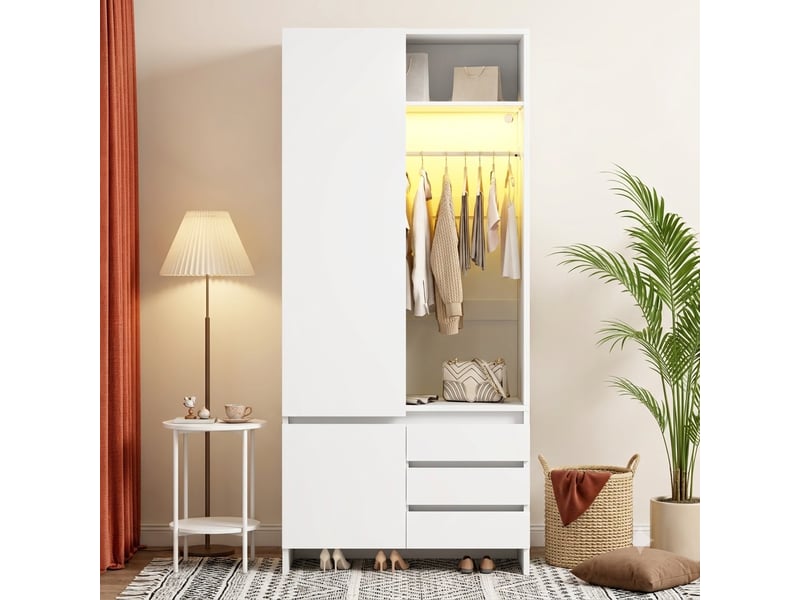  Armoire dressing 90x50x200 cm avec led, penderie, panier à linge intégré, 3 tiroirs, compartiment supérieur, mdf et panneaux de particules blancs  - Conforama B