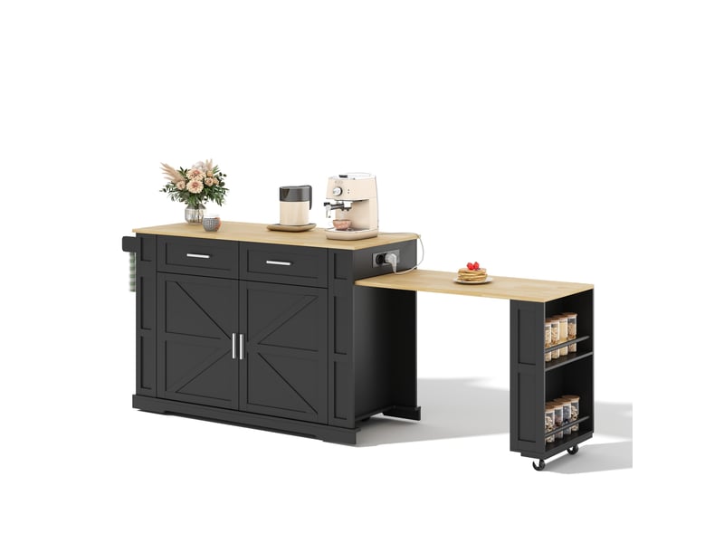  Îlot de cuisine sur roulettes avec plan de travail extensible, prises et usb, 2 tiroirs, noir et naturel  - Conforama A