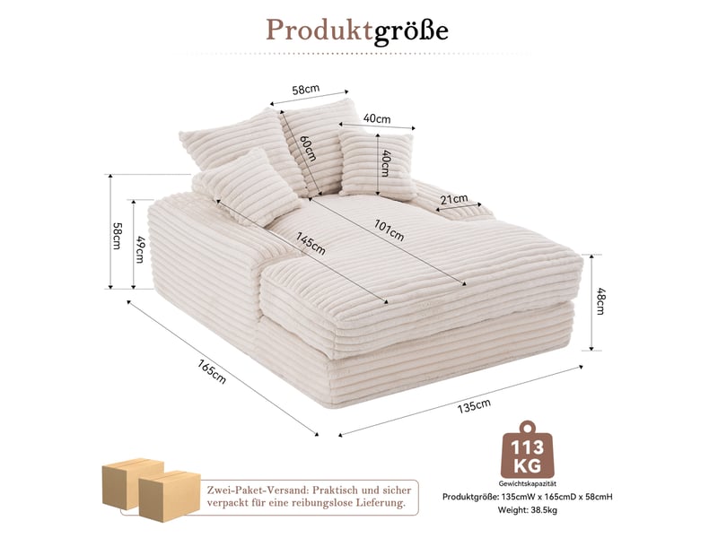  Méridienne 165x135x58 cm multifonctionnelle avec 4 coussins beige  - Conforama E