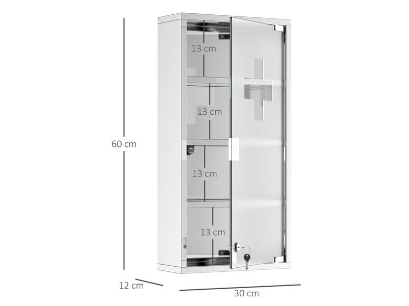  Armoire à pharmacie en acier inoxydable, verrouillable, à 4 compartiments et porte vitrée, 30 x 12 x 60 cm  - Conforama E