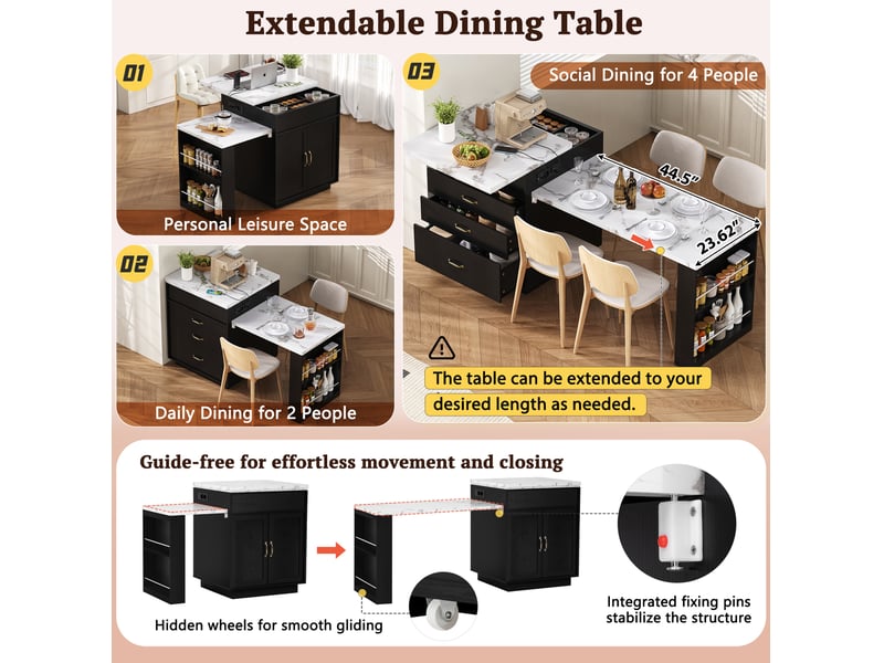  Îlot de cuisine avec table extensible 126-188x71x93 cm, roulettes, led, prises usb, mdf, noir  - Conforama E