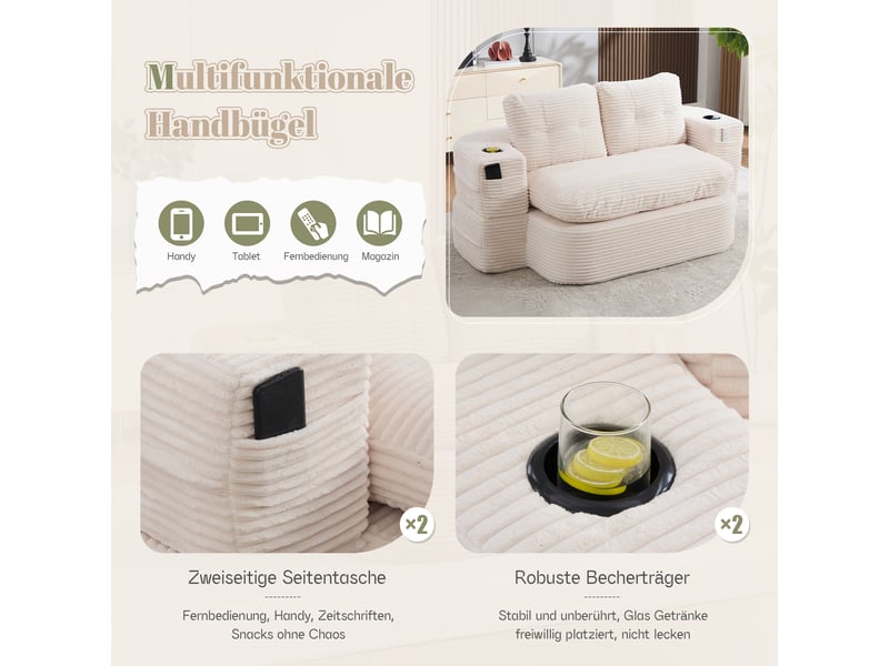  Canapé 2 places en velours côtelé beige avec accoudoirs amovibles et porte-gobelets intégrés  - Conforama R