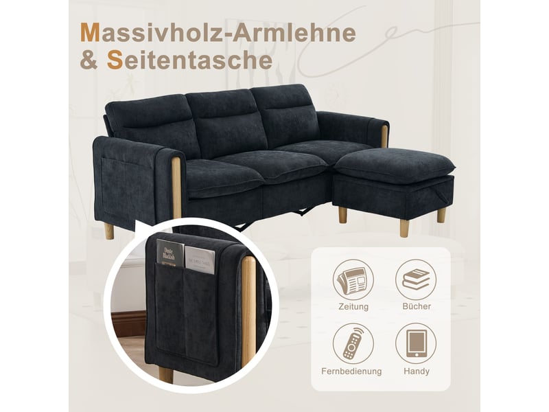  Canapé 3 places style nordique en l avec pouf à rangement, pochettes latérales, pieds en bois, chenille noir  - Conforama E