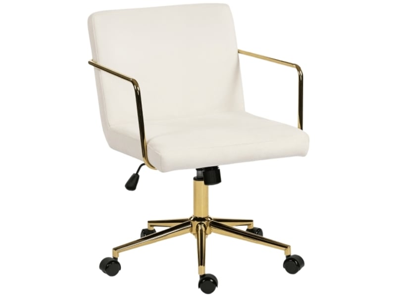 Chaise de bureau à roulettes, base métal doré, tissu aspect velours, crème, confortable - Conforama A