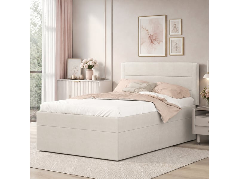  Lit rembourré beige, lit simple 90x200 cm en lin avec rangement sous le couchage et cadre métallique, sans matelas  - Conforama C