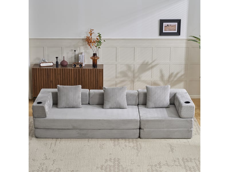  Canapé de sol convertible en lit, coussins, accoudoirs, velours côtelé gris clair  - Conforama B