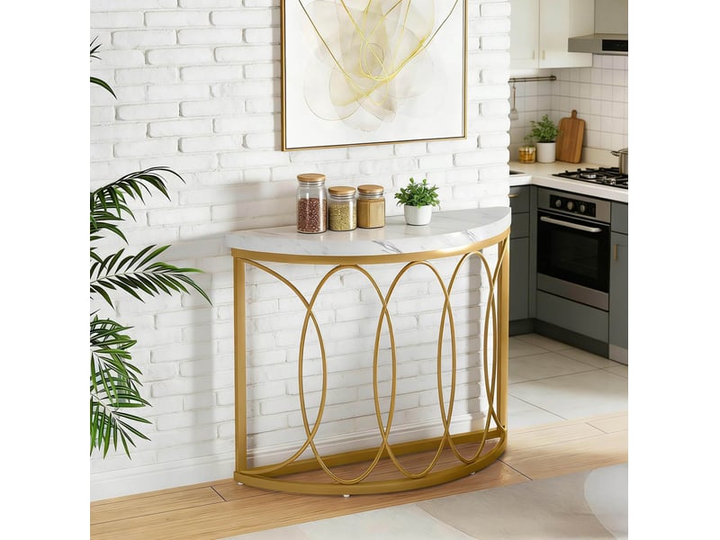  Table console demi-lune avec plateau imitation marbre, cadre en métal, 1 étagère pour entrée et salon, 110 × 35 cm  - Conforama C