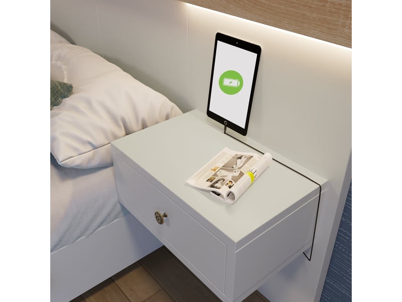  Lit double en bois, 180 x 200 cm, avec 2 tables de chevet (éclairage led et port usb-c) – finition chêne sonomablanc  - Conforama E