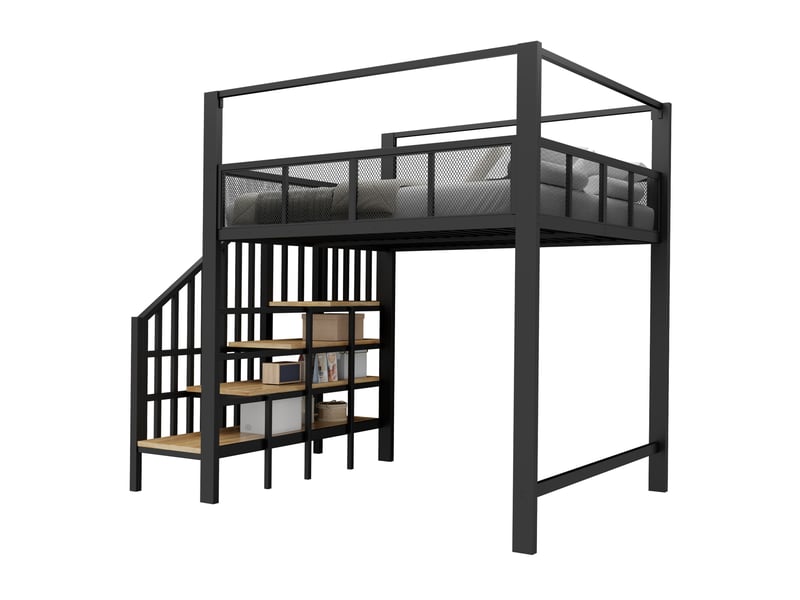 Lit mezzanine modenvie en métal 90 x 200 cm noir avec auvent, échelle de sécurité et rangements  - Conforama A