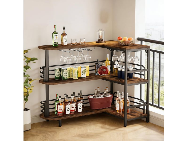  Bar en l 120x90x110 cm à trois niveaux avec 6 supports pour verres à pied métal panneau de particules noir marron rustique  - Conforama C