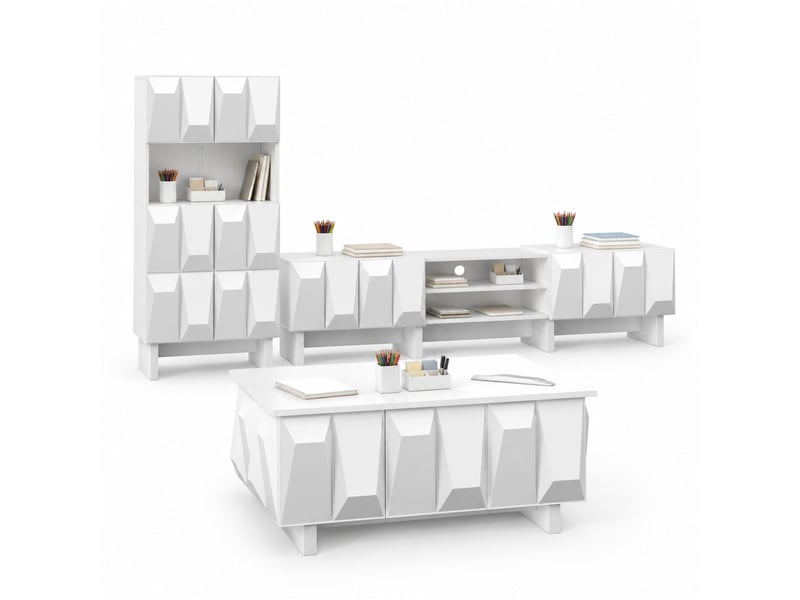  Ensemble de meubles de salon 3 pièces avec meuble tv, vitrine et table basse en panneaux de particules blanc  - Conforama A