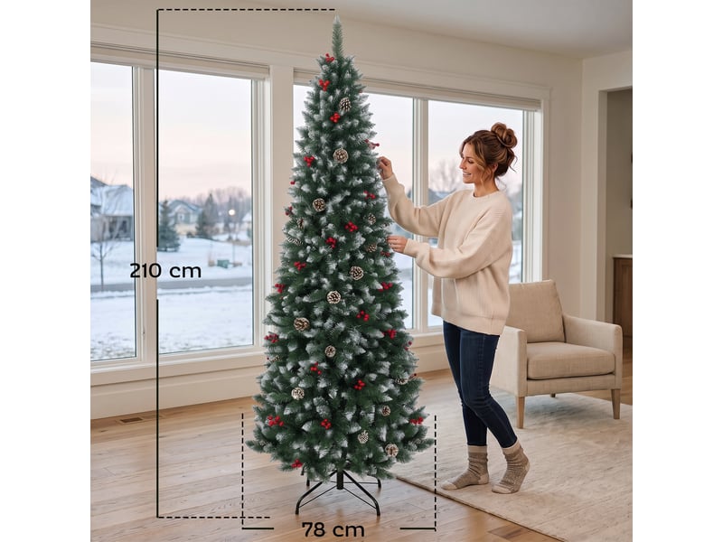  Sapin de noël snowy pencil de 210 cm avec 818 branches, baies rouges, pommes de pin, base métallique pliable, ouverture automatique, vert  - Conforama C