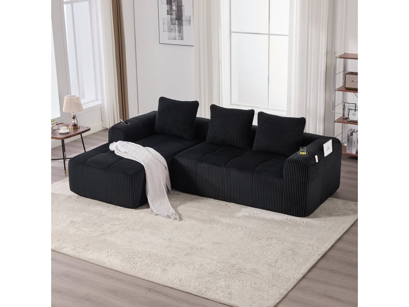 Canapé modulable 4 places salon confortable avec poches latérales, porte-gobelet et 3 coussins, moderne en velours côtelé noir - Conforama B