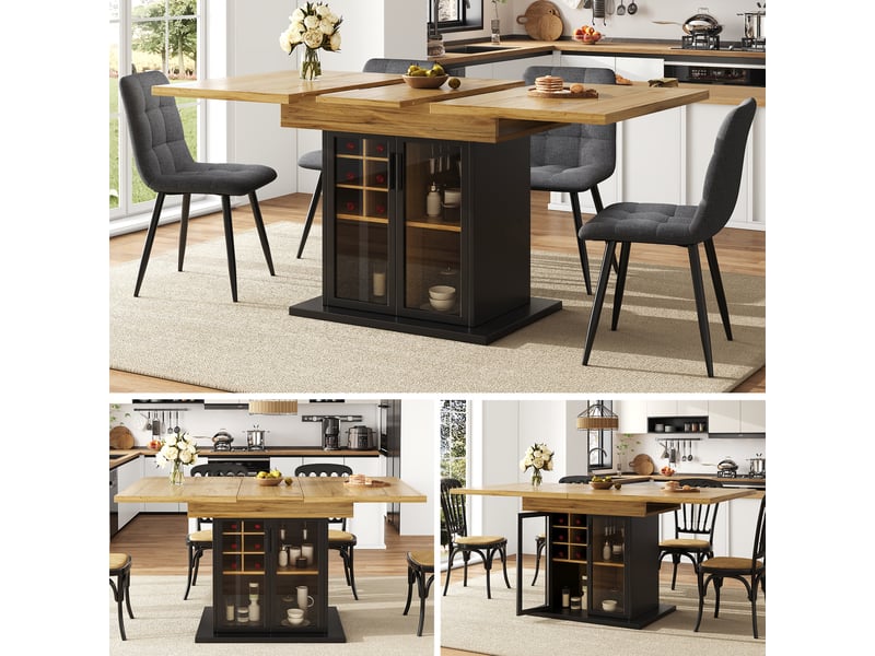  Table de cuisine rectangulaire avec allonge noir+naturel - 80x110-140max.cm mdf table bicolore - Conforama B