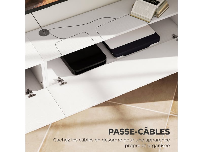  Meuble tv suspendu 180cm, meuble télé pour téléviseur 72 pouces, 2 portes rabattables, blanc, 180x25x22cm  - Conforama R