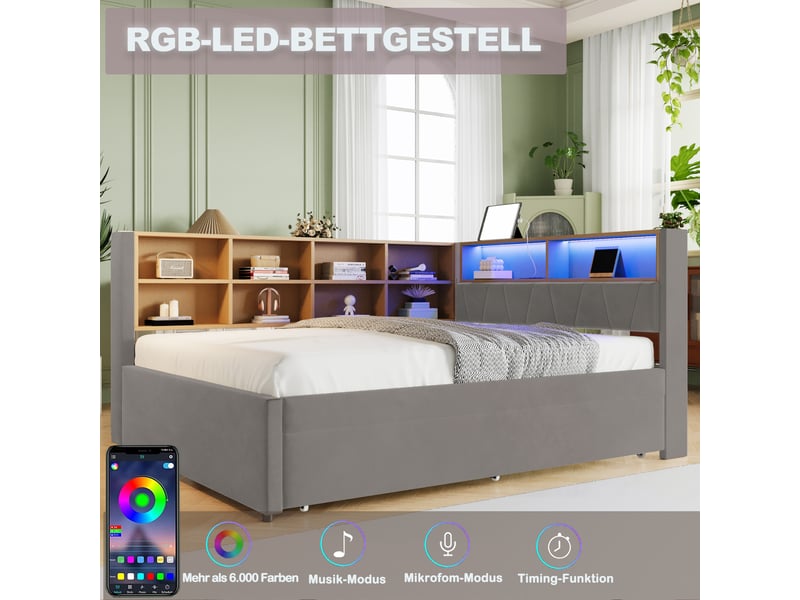  Canapé-lit simple 140x200 cm lit gigogne 90x190, prises électriques et compartiments de rangement gris foncé, équipé de lampes led  - Conforama E