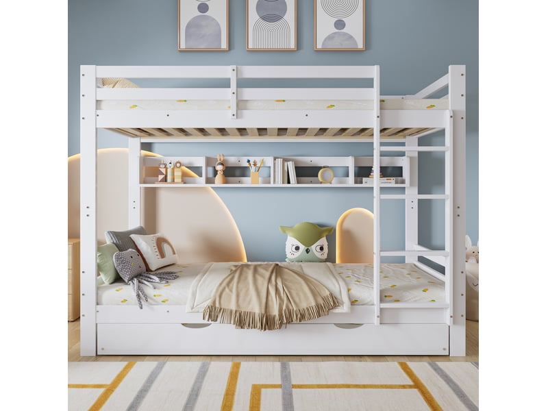  Lit superposé enfant 90x200 cm – blanc – couchage gigogne à roulettes, étagère 2 m, échelle 4 marches  - Conforama B