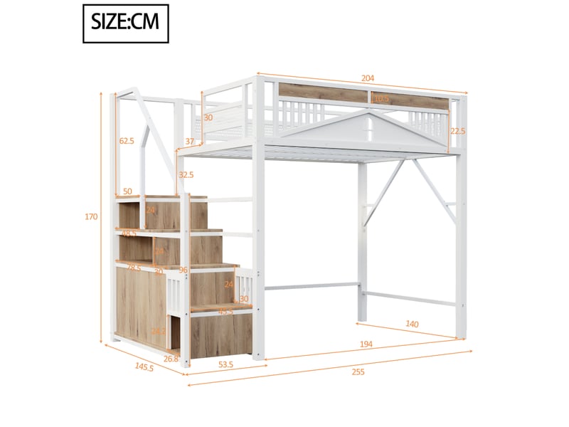  Lit mezzanine tcqpz 140 x 200 cm en métal blanc avec fenêtre, escalier avec rangements, bois et mdf  - Conforama C