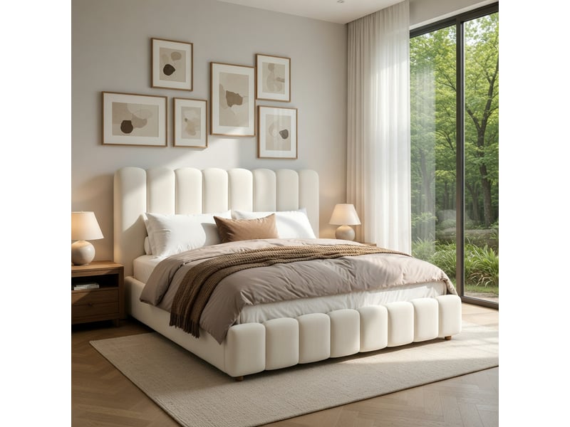 Lit adulte 160 × 200 cm, avec sommier et tête de lit, en velours, beige - Conforama B