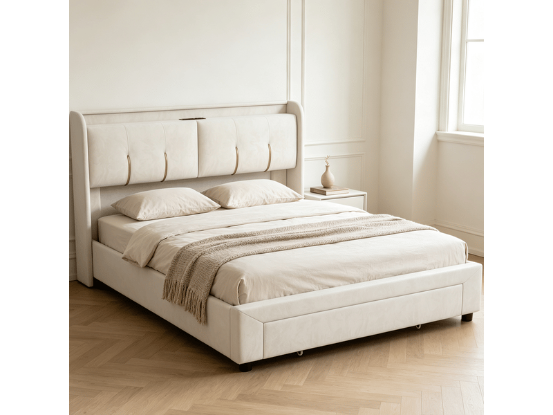  Lit coffre 2 places 140x200 cm, lit adulte avec rangement, ports usb, led, tiroir, velours blanc  - Conforama D
