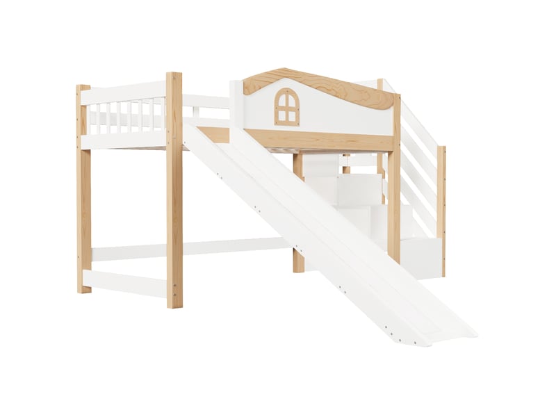  Lit mi-hauteur enfant 90 × 200 cm, blanc, garde-corps, échelle avec rangements, toboggan, éclairage led, pin et mdf  - Conforama A