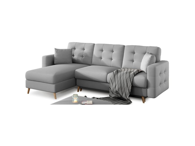  Canapé d'angle convertible hasgard 3 places gris 248x162 cm – coffre et pieds bois  - Conforama D