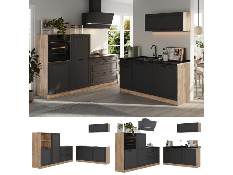  Vicco cuisine, anthracite campagnechêne doré, 220cm plan de travail anthracite  - Conforama D