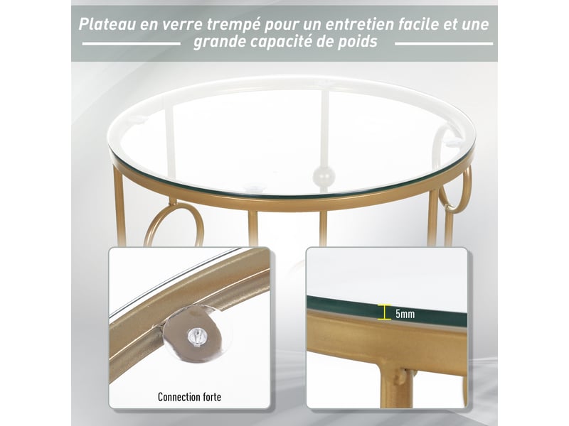  Tables gigognes lot de 2 tables basses rondes design style art déco ø 41 et ø 36 cm métal doré verre trempé 5 mm  - Conforama R