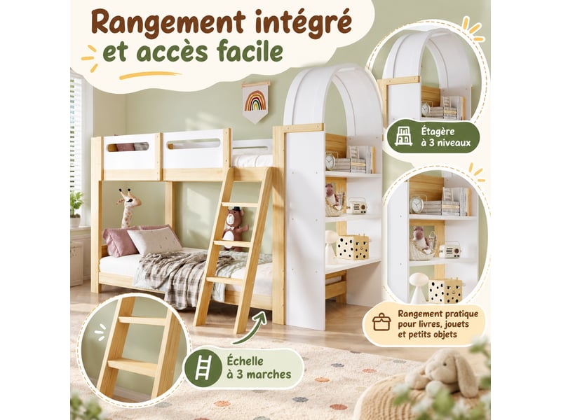  Lit superposé enfant 90 x 200 cm en bois avec étagère 3 niveaux, échelle 3 marches et garde-corps, blanc et naturel  - Conforama B