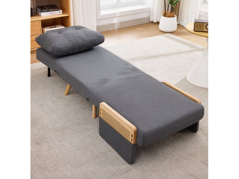  Fauteuil convertible 3 en 1 avec dossier inclinable, accoudoirs en rotin et coussin, en lin gris  - Conforama B