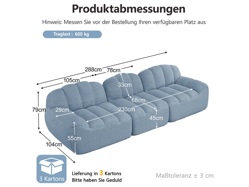 Canapé modulable 3 places 288x104x79 cm, sans montage, granuleux, mousse 32d, assise profonde, tissu, bleu - Conforama C