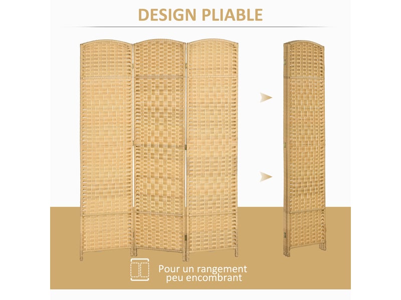  Paravent intérieur en bois 3 panneaux séparateur de pièce pliable pour salon chambre bois naturel 135 x 180 cm  - Conforama D