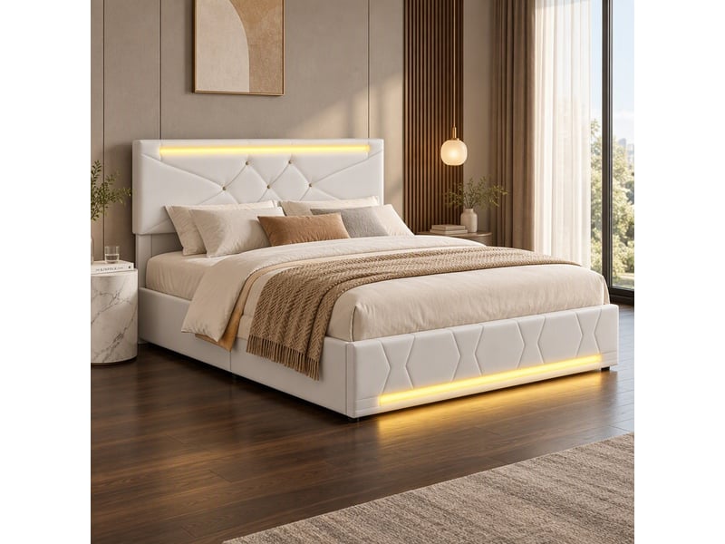  Lit coffre 2 places 140x190 cm, lit adulte, rangement, tête de lit réglable, led, ports usb, style simple, lin beige  - Conforama E